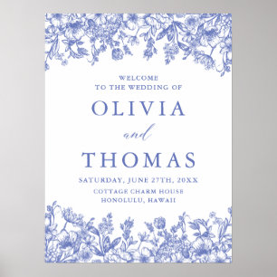 Elegante blaue Vintage-Blumen-Wildblumen-Hochzeit Poster