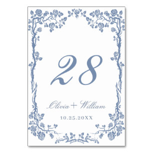 Elegante blaue Vintage-Gartenblumen-Hochzeit Tischnummer