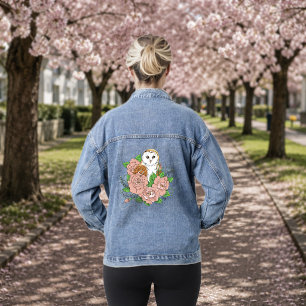 Elegante Blaue Vintage-Schleiereule mit rosa Blume Jeansjacke