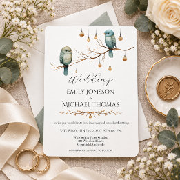 Elegante Blaue Vögel Wald Botanische Hochzeit Einladung