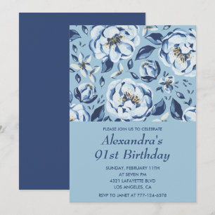 Elegante blaue Wasserfarbe-Floral zum 91. Geburtst Einladung