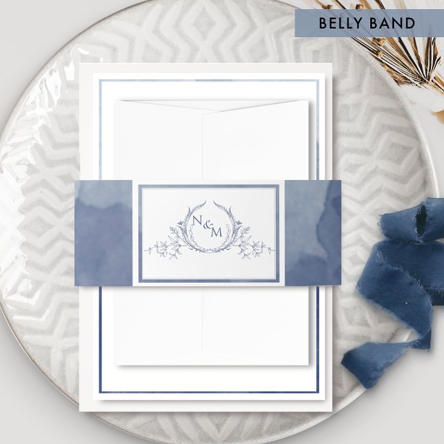 Elegante blaue Wasserfarbe, Monogramm Hochzeit Einladungsbanderole (Von Creator hochgeladen)