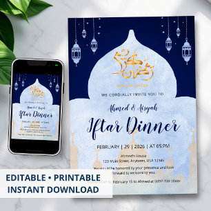 Elegante Blaue Wasserfarbe-Moschee-Ramadan-Iftar-P Einladung