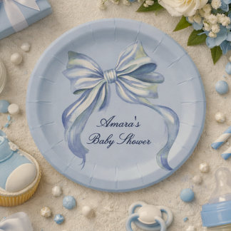Elegante Blaue Wasserfarbe Schleife Jungen-Baby-Pa Pappteller