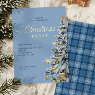Elegante Blaue Wasserfarben-Weihnachtsbaum-Party Folieneinladung