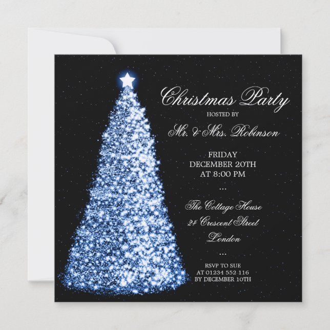 Elegante Blaue Weihnachtsbaumparty Einladung (Vorderseite)