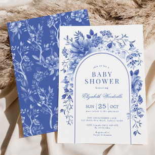 Elegante blaue weiße florale Chinoiserie-Baby-Part Einladung