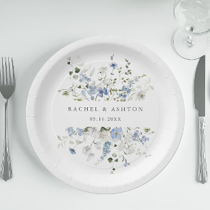 Elegante blaue weiße grüne Blumenhochzeit Pappteller
