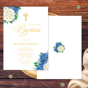 Elegante Blaue Weiße Hortensien Goldkreuz Taufe Einladung