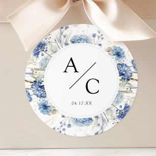 Elegante blaue Wildblumen Hochzeitsfeier mit flora Runder Aufkleber