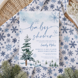 Elegante Blaue Winter-Wunderland-Baby-Party Einladung