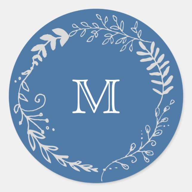 Elegante blauer u. silberner Kranz-einfarbige Runder Aufkleber (Vorderseite)