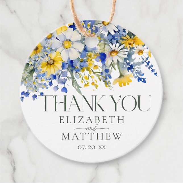 Elegante blaugelbe Wildblumen Hochzeit Danke Geschenkanhänger (Vorderseite)