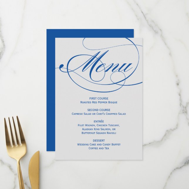 Elegante Blaugraue Kalligrafie-Schrift Hochzeit Menükarte (Vorderseite/Rückseite Beispiel)