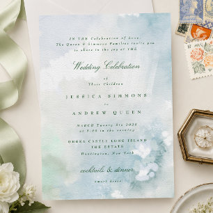 Elegante Blaugrüne Aquarell-Landschaft-Hochzeit Einladung