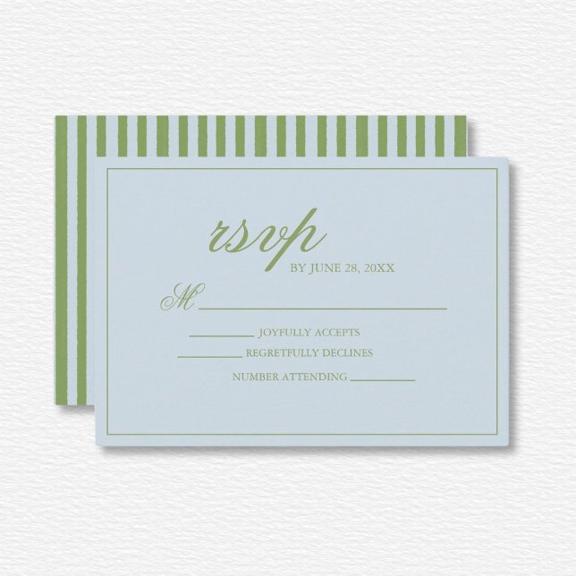 Elegante blaugrüne Streifenhochzeit RSVP Karte (Von Creator hochgeladen)