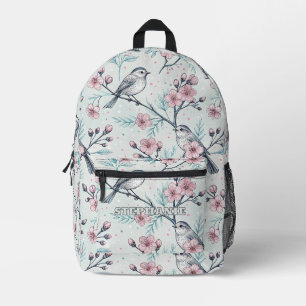 Elegante Blaugrüne Vögel Rosa Kirschblüten Bedruckter Rucksack