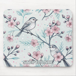 Elegante Blaugrüne Vögel Rosa Kirschblüten Mousepad