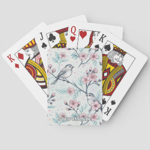 Elegante Blaugrüne Vögel Rosa Kirschblüten Spielkarten