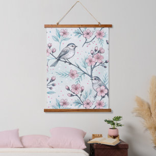 Elegante Blaugrüne Vögel Rosa Kirschblüten Wandteppich Mit Holzrahmen