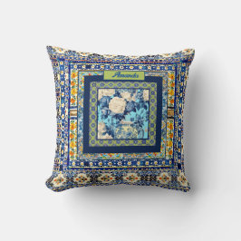 Elegante bläuliche Kachelblume Chinoiserie Monogra Kissen
