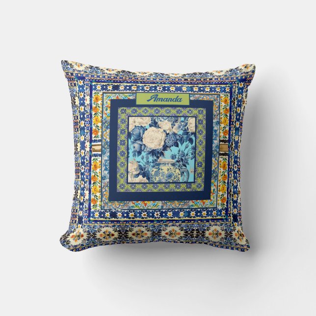 Elegante bläuliche Kachelblume Chinoiserie Monogra Kissen (Vorderseite)