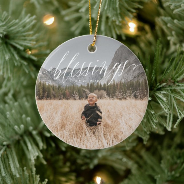 Elegante Blessings Script Holiday Keramik Ornament (Baum)