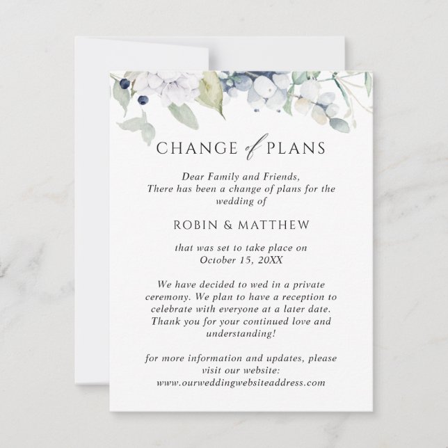 Elegante Bliss Änderung von Plänen Hochzeitserklär Ankündigung (Vorderseite)