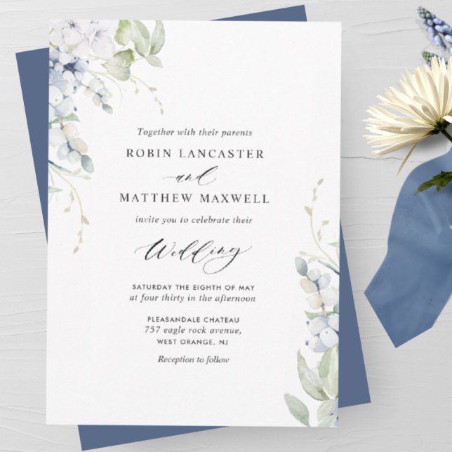Elegante Bliss, navy Blue White Floral Wedding Einladung (Von Creator hochgeladen)