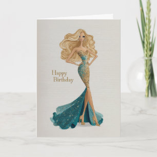 Elegante Blondine in Gold- und Türkis-Kleid Glam G Karte