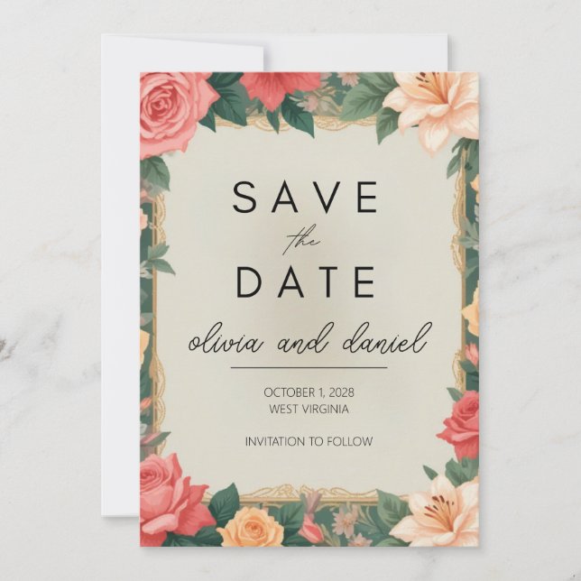 Elegante Bloral Border Save the Date Card (Vorderseite)