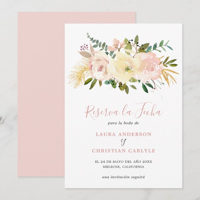 Elegante Bloral Gold Blush Pink Hochzeit Spanisch Save The Date (Vorne/Hinten)