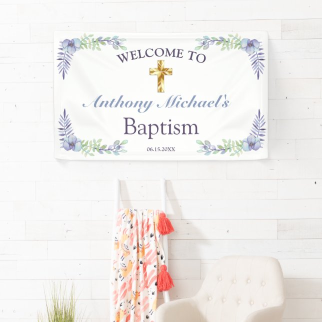 Elegante Bloral Gold Cross Baby Taufe Willkommen Banner (Insitu)