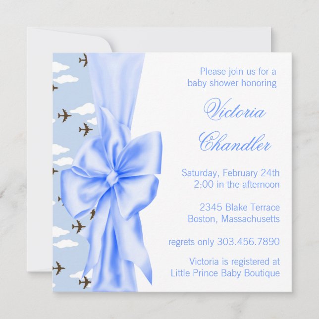 Elegante Blue Airplane Baby Boy Dusche Einladung (Vorderseite)