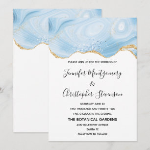 Elegante Blue and Gold Agate Hintergrundhochzeit Einladung