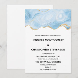 Elegante Blue and Gold Agate Hintergrundhochzeit Einladung