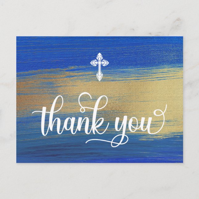 Elegante Blue and Gold Boy Taufe Vielen Dank Postkarte (Vorderseite)