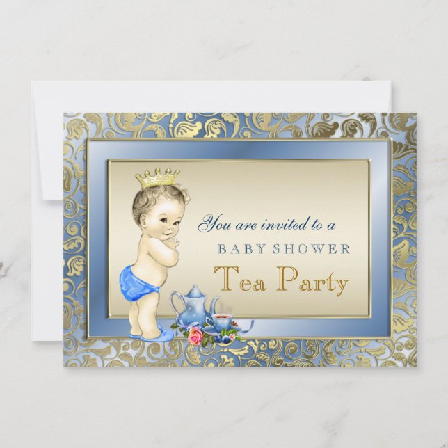 Elegante Blue and Gold Boys Tea Party Baby Dusche Einladung (Vorderseite)
