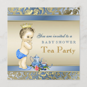 Elegante Blue and Gold Boys Tea Party Baby Dusche Einladung