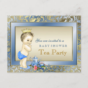 Elegante Blue and Gold Boys Tea Party Babydusche Einladung