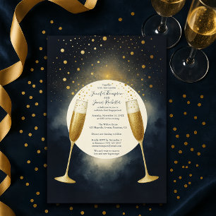 Elegante Blue and Gold Champagne Engagement Party Einladung