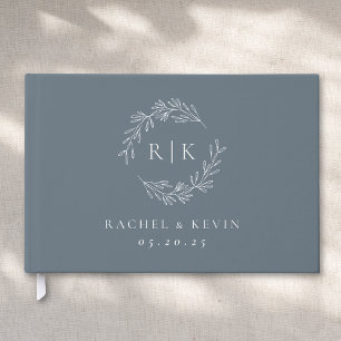 Elegante Blue and Silver Foliage Monogram Wedding Gästebuch