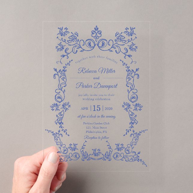 Elegante Blue and White Chinoiserie Hochzeit Acryleinladungen (Insitu (Handheld))