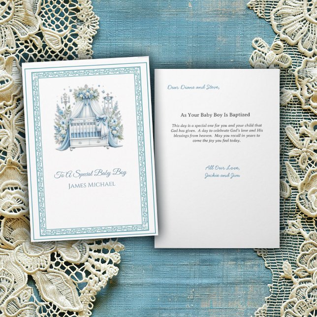 Elegante Blue and White Crib Baby Boy Taufe Karte (Von Creator hochgeladen)