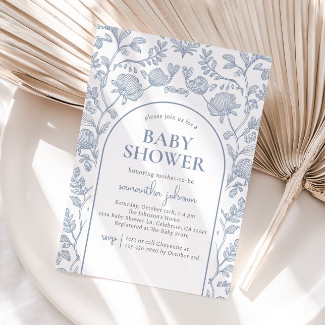 Elegante Blue and White Floral Baby Dusche Einladung (Von Creator hochgeladen)