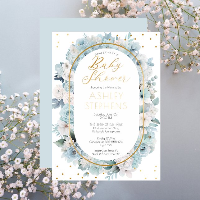 Elegante Blue and White Floral Boy Baby Dusche Folieneinladung (Elegant Blue and White Floral Gold Foil Boy Baby Shower Invitation)