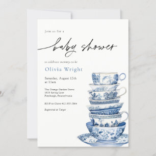 Elegante Blue and White Teacup Baby Dusche Einladung