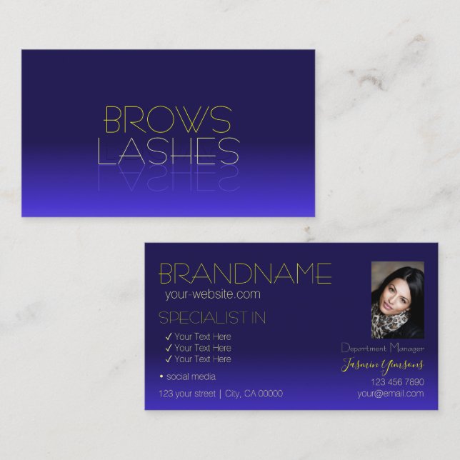 Elegante Blue and Yellow Mirror Letters mit Foto Visitenkarte (Vorne/Hinten)