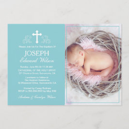 Elegante Blue Baptisse Foto Einladungskarte