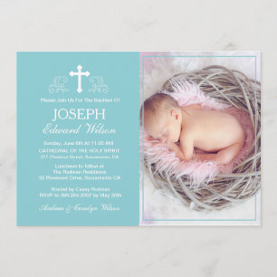 Elegante Blue Baptisse Foto Einladungskarte